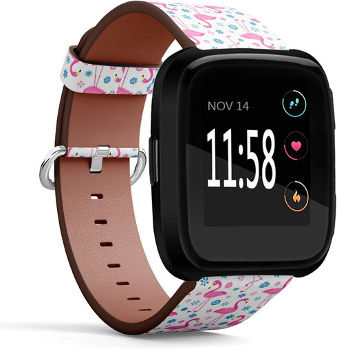 Compatible with Fitbit Versa, Versa 2, Versa LITE - Quick Release Leather Wristband Bracelet Replacement Accessory Band - Flamingo Birds Flowers