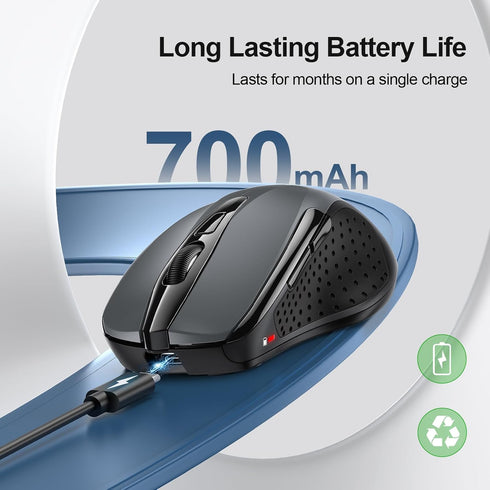TECKNET Wireless Mouse (BT5.0/3.0 & 2.4G) Rechargeable 4800 DPI Silent Mouse, 8 Buttons, USB A Wide Compatibility - Grey