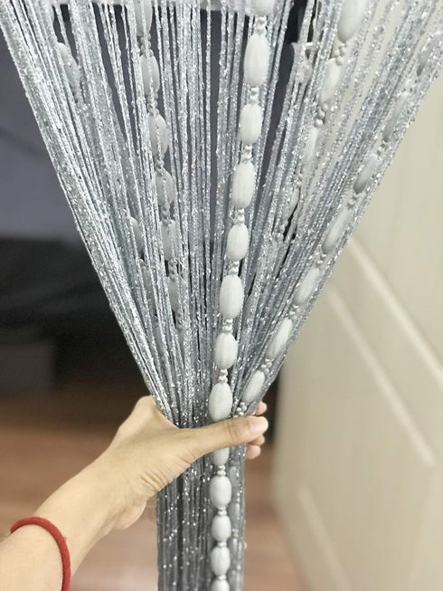 Flat Silver Ribbon Thread Door String Curtain with Shaggy Tassel Room Divider, 39’’x79’’ (Grey-style2)