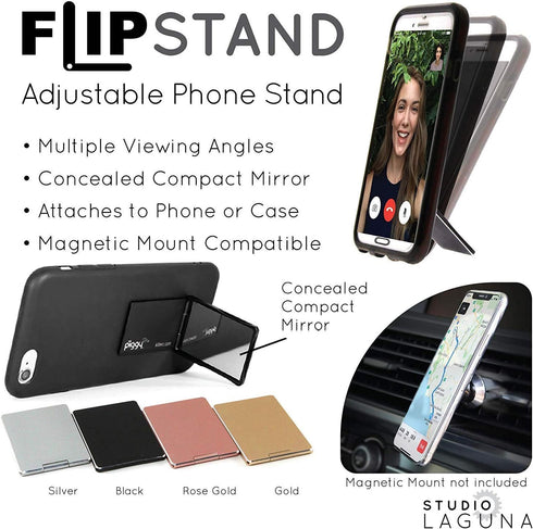 Flip Stand Adjustable Phone Stand & Grip with Compact Mirror, Compatible with Magnet Car Mount, Silver