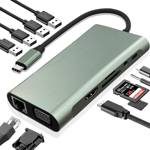 Vrebrey USB C Hub 11-in-1 Docking Station, Type-C Multiport Adapter with 4K HDMI,