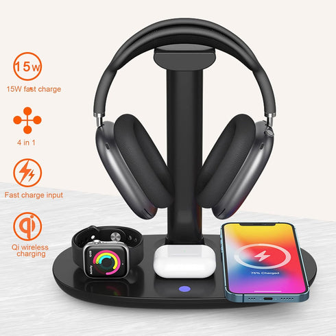4 in 1 Headphone Stand Charger, Desktop Gaming Headset Holder and Station Dock for iOS & Android, 15W Stable Charger