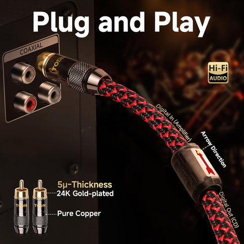 75-Ohm (3ft /1m) TODN HiFi Digital Coaxial Audio Cable for Audiophile SPDIF Coax Subwoofer Cable RCA to RCA with OFC