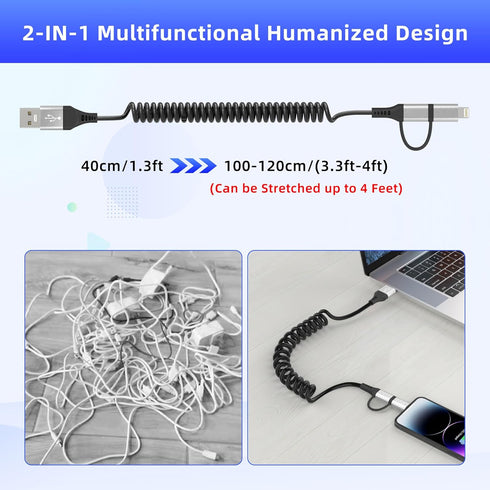 USB to USB-C and Lightning Cable 2 in 1 Coiled Cable, MFi & 3A Fast Charge & Data Sync for iPhone/Android