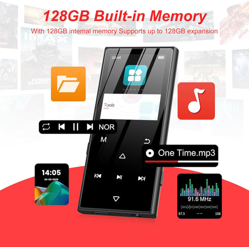 SWOFY 128GB MP3 5.3 D50 Player with Bluetooth - Music Player with Built-in HD Speaker, FM Radio, Voice Recorder, HiFi