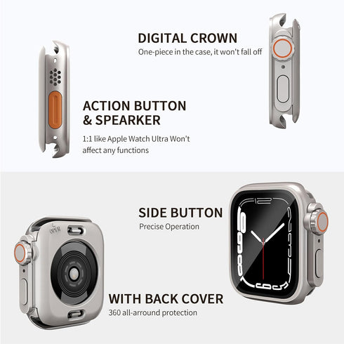 2 in 1 Waterproof Case for Apple Watch 45mm, Tempered Glass Protective PC Back Cover Accessories