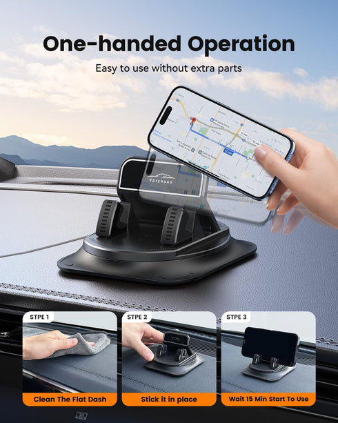Vpryhuan 360 Degree Rotation Dashboard Phone Holder for Car, Anti-Slip Grips & One-Hand Operation Car Cell Phone Mount