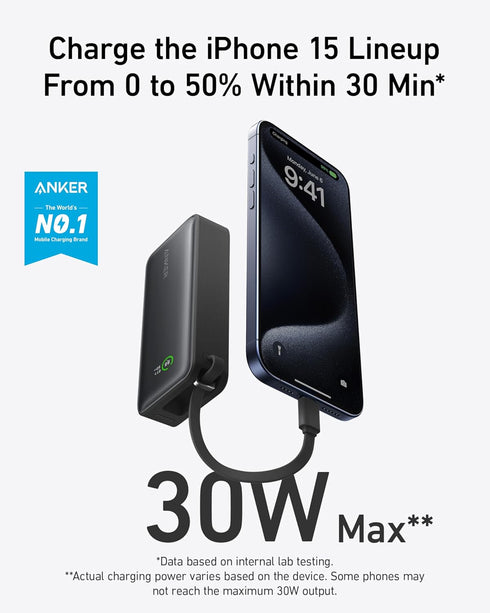 Anker Nano Power Bank, 10,000mAh Portable Charger with Built-In USB-C Cable, 30W Max Output for iPhone 16/15 Series,
