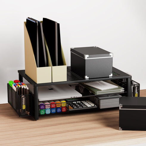 gianotter Desk Computer Monitor Stand Riser with Drawer and 2 Pen Holders, Black Desk Organizer for Office