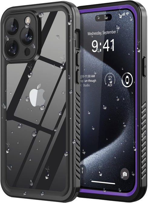 iPhone 15 Pro Max Case Waterproof, Built-in Screen Protection, IP68 Underwater, Military Dropproof, Purple