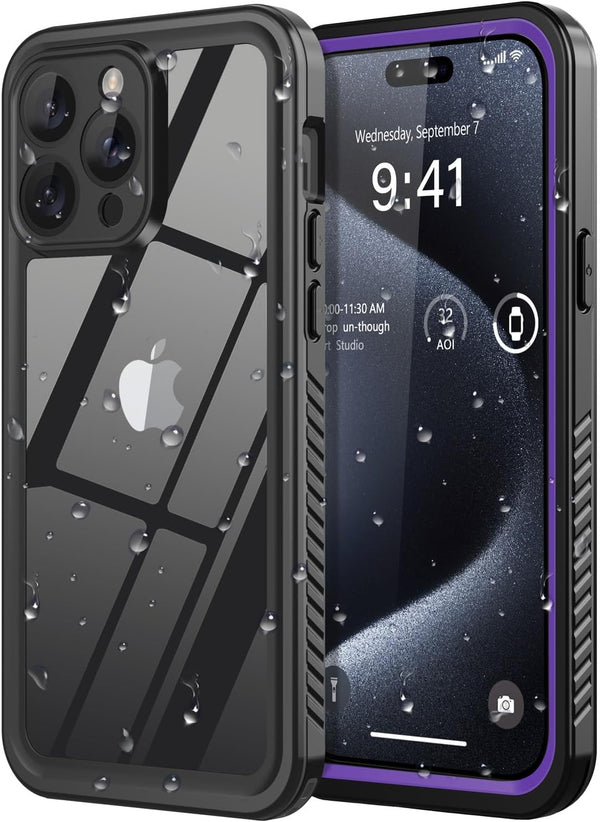 iPhone 15 Pro Max Case Waterproof, Built-in Screen Protection, IP68 Underwater, Military Dropproof, Purple