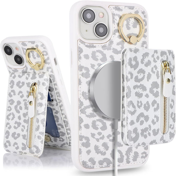 iPhone 13 Mini Case Wallet with Card Holder, Detachable 2-in-1, MagSafe Compatible for Women & Men - White Leopard