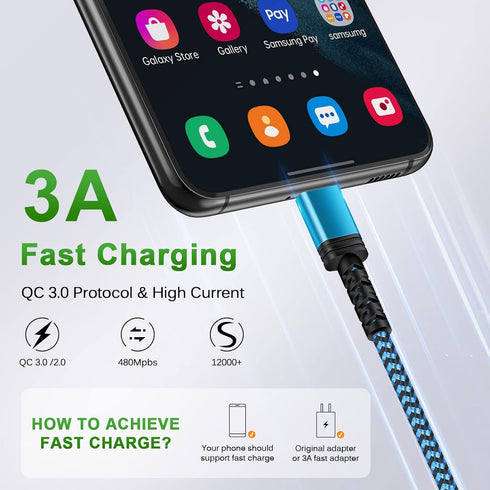 Samsung Type C Charger Cable 3 Pack-10ft 6ft 3ft for Samsung Galaxy A15 5G,A14,S24 Ultra,A23,A54,A13,A53,A24,S23,A03s,S22,S21FE,Z Flip5/Fold5;Pixel 8 7 Pro,6a,3A Fast Charging Android Phone Power Cord