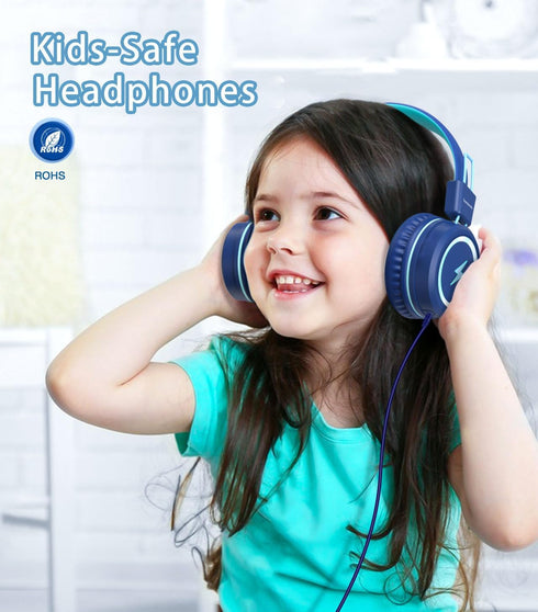 Upgrade USB Type C Kids Headphones with LED Lights, Microphone, Volume Limiter 85/94dB - Blue, Perfect for School &
