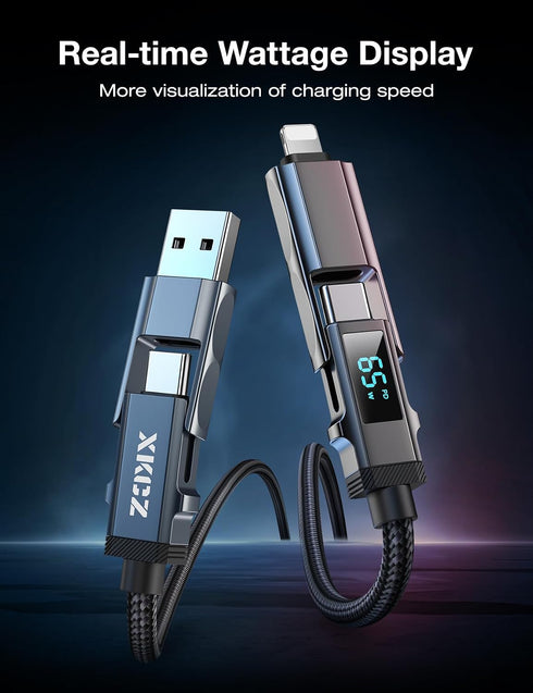 4 1 65W 3FT in USB C Cable with Wattage Display, Round Nylon Braided Multi Charging Cable with Data Sync, USB C