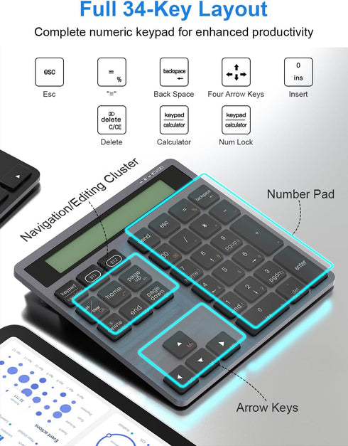 Tioleje 2-IN-1 34-Key Accounting 2in1 Rechargeable Bluetooth Number Pad with Display Calculator - Wireless & Wired