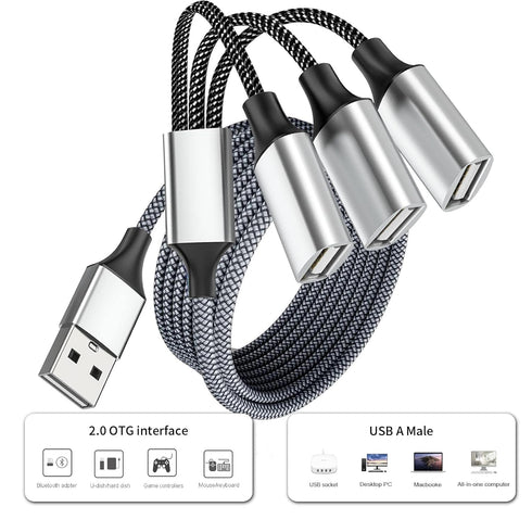 6.6Ft Long USB Cable, USB Extension Cable 1 Male to 3 Female USB Adapter Compatible with Webcam, Camera, Phone, USB hub, Mouse, Keyboard, Printer, Hard Drive, Headset, Xbox