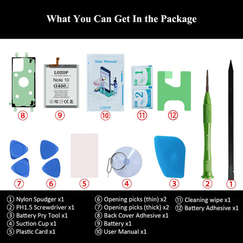 Note 10 Battery Replacement Kit for Galaxy Note 10 SM-N970U/U1/F/N/W with Repair Tools and User Manual