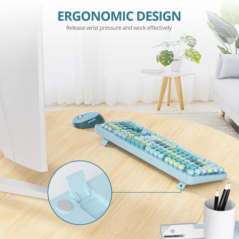 Owpkeenthy Blue Keyboard and Mouse Wireless, Cute Typewriter Keyboard with Retro Round Keycaps for Desktop and Laptop