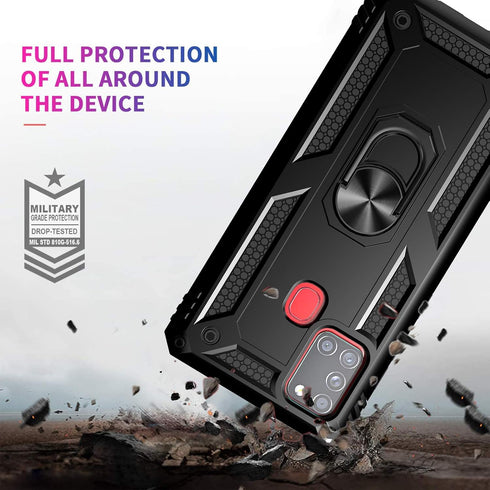 Samsung Galaxy A21s Case with Tempered Glass Screen Protectors, Military-Grade Shockproof Cover with Kickstand, Black