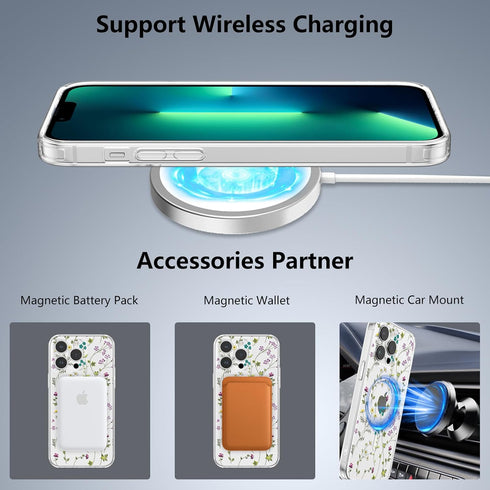 RALEAVO Clear Floral Case for iPhone 13 Pro - Slim, Shockproof, MagSafe Compatible, Cute Flower Branch Design for Women.