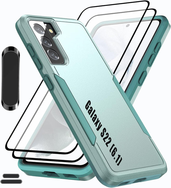 LMDAMZ Galaxy S22 Rugged Shock Resistant Case (6.1") with Magnetic Car Mount & 2 HD Tempered Glass Protectors (Green)
