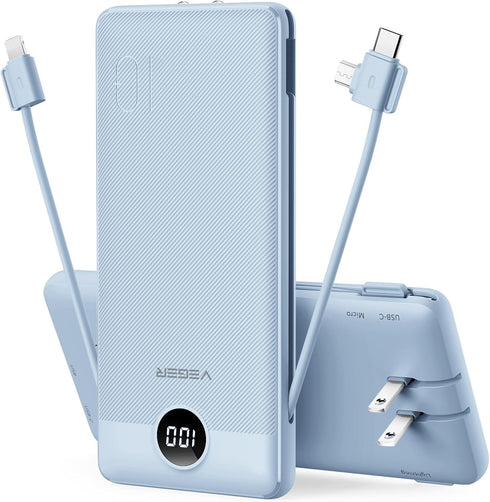 VEGER Portable Charger for iPhone, Built-in Cables and Wall Plug, 10000mAh Slim Fast Charging Power Bank
