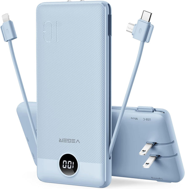 VEGER Portable Charger for iPhone, Built-in Cables and Wall Plug, 10000mAh Slim Fast Charging Power Bank