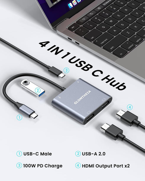 Glomtheia 4K@60Hz 100W 3-Screen USB C to Dual HDMI Adapter, Dual Monitor HDMI Splitter for Extended Display, PD, USB-A