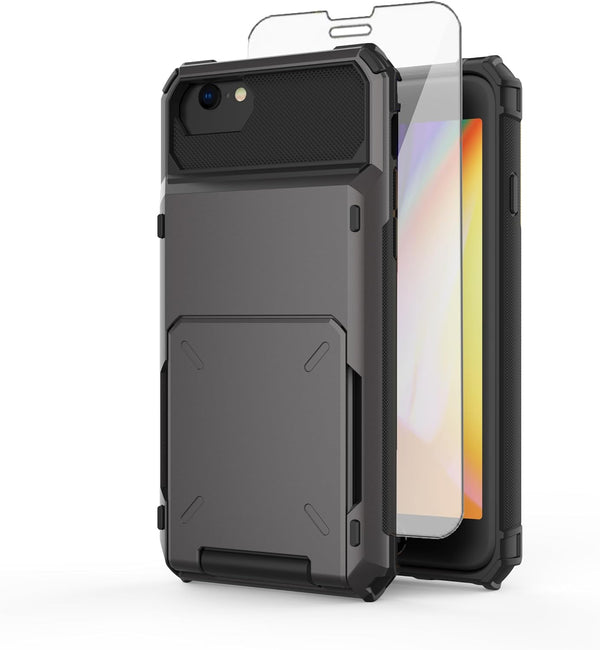 Asuwish Hybrid Phone Case for iPhone 7/8/SE 2020/2022, Gray, with Screen Protector & Credit Card Holder Slot.
