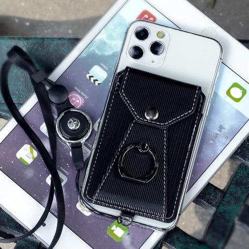 Cell Phone Card Holder, Adhesive Stick-on Credit Card Wallet Pocket with Detachable Neck Strap - Black