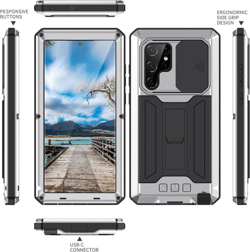 Aluminum Metal Waterproof Case for Samsung Galaxy S22 Ultra 5G, Shockproof Military Heavy Duty Protector with Sliding