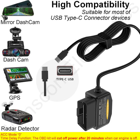 Redsia 12-24V 5V/3A 24h Dash Cam Hardwire Kit OBD, Dash Camera USB Type C Hardwire Kit OBD Power Charging Cable