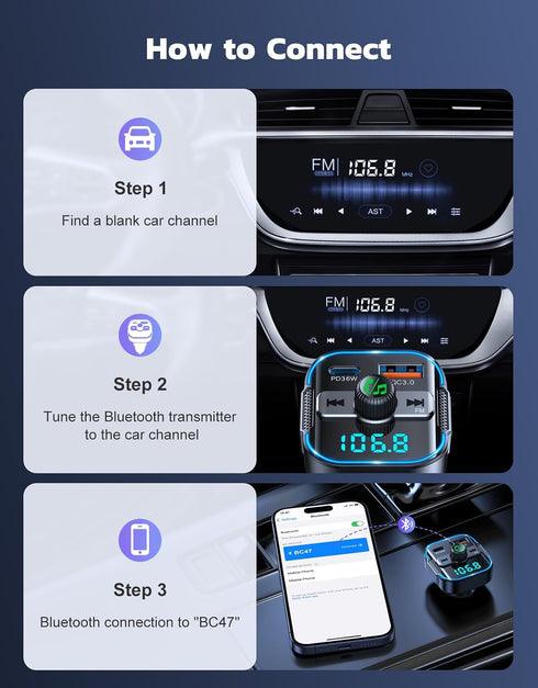 RIWUSI 5.3 36W+QC3.0 18W, 2-in-1 Bluetooth Car AdapterPD FM Bluetooth Transmitter Dual Stronger Mics& Fast Car Charger