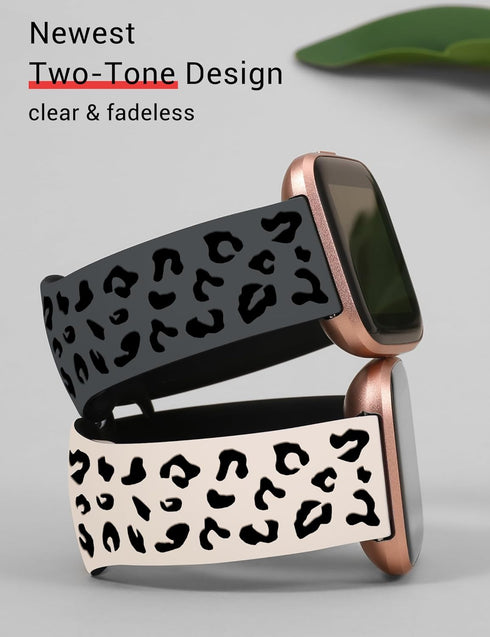 Minyee 2 Packs Leopard Engraved Band Compatible with Fitbit Versa 2/Fitbit Versa/Versa Lite Bands Women, Two-Tone Cheetah Soft Silicone Sport Designer Cute Fancy Summer Strap for Versa 2 Smart Watch