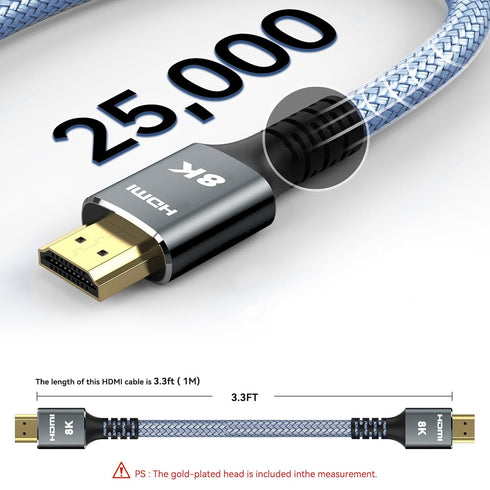 Generic 8K 3.3 FT/1M (48Gbps), 8K@60Hz, 4K@120Hz, PS5, Kirei V Wire HDMI Cable Ultra High Speed Nylon Braided Cable