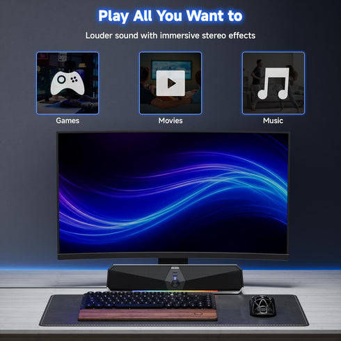 SENZER CS30 Bluetooth Computer Speakers for Desktop, USB Plug & Play PC Speakers with Dynamic LED Light, Stereo Sound