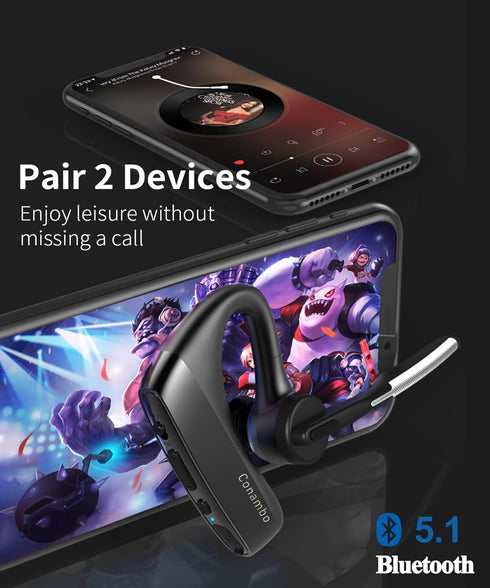 Conambo K18 Wireless Headset Bluetooth V5.1 - Hands-Free Single Ear Bluetooth Headset with Dual Mic Noise Canceling, 16