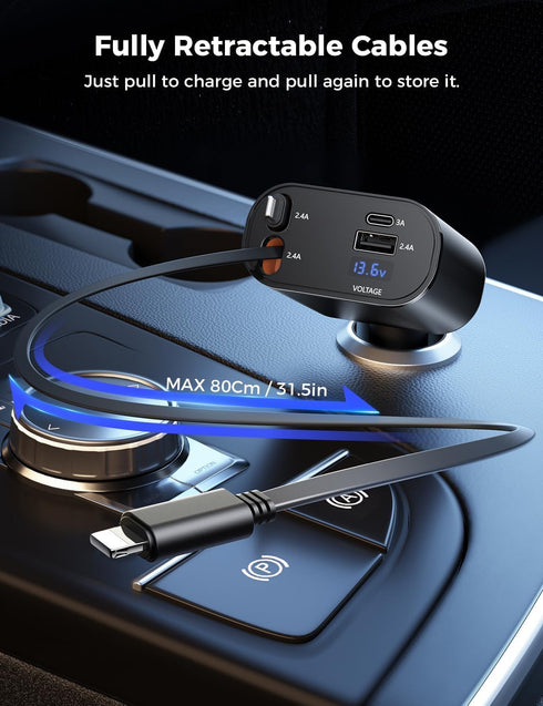 SUPERONE 4-in-1 Car Charger with Retractable Apple Cords, USB C Adapter for iPhone 15/14/13/12/11 Pro Max