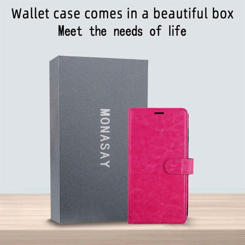 MONASAY Wallet Case for iPhone 15 5G, 6.1-inch, Flip Folio Leather Cover with Credit Card Holder, Hot-Pink [Glass