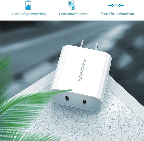 Amoner USB C Charger, 2Pack Type C Fast Charger, Dual Port 25W PD Wall Charger for iPhone and Galaxy Devices