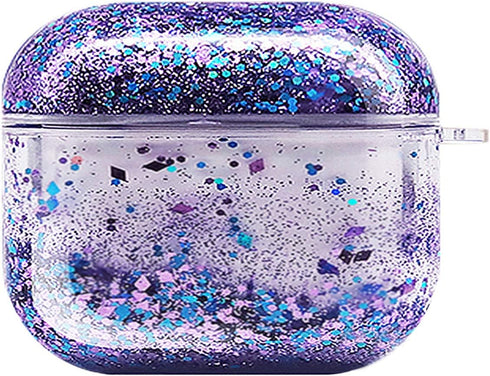 UnnFiko Bling Quicksand Case for AirPods 3 - Cute Sparkle Liquid Protective Cover with Keychain (Purple).