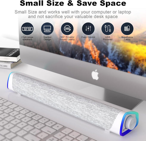 SOULION R30 Computer Speakers, USB Powered 3.5mm AUX Small Speakers with Colorful LED Lights for Desktop Laptop White