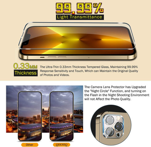 QHOHQ 3 Pack Screen Protector for iPhone 13 Pro 6.1 Inch with Tempered Glass Camera Lens Protector, Ultra HD, 9H