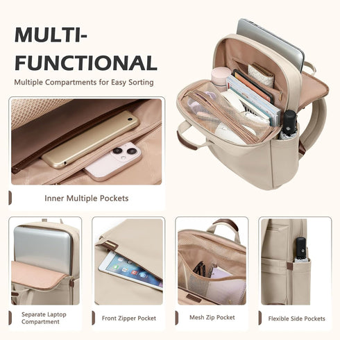 Slim Laptop Backpack for Women - Lightweight Business Computer Bag Purse for Commuting, Fits 16 Inch, Apricot
