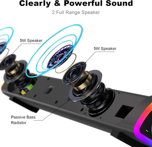 SOULION R30 Plus Bluetooth Computer Speakers for PC Desktop, All-in-one Control Button with 6 Modes LED Lights, Wired USB Powered Sound Bar, Surround Sound Portable SoundBar for Monitor Laptop Phone