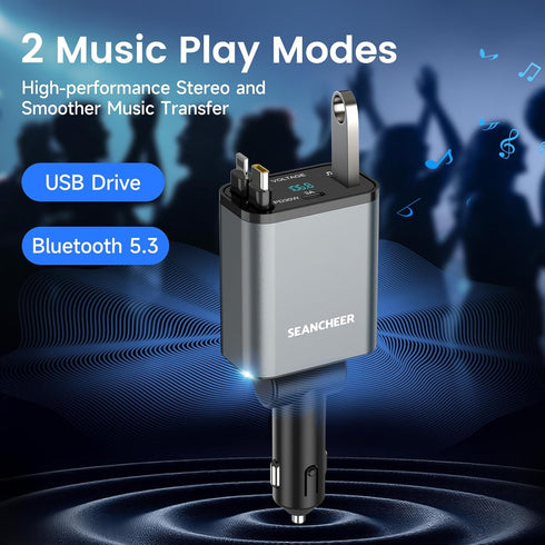 SEANCHEER 69W 2 5.3 Call,MP3 Car Bluetooth Adapter & Car Charger USB C, Cigarette Lighter Adapter with Retractable