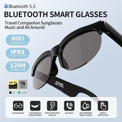ITHUGE 8Hr IPX5 35g Smart Bluetooth Sunglasses for Men Women, Battery Hands-Free Calling & Music, Waterproof Audio