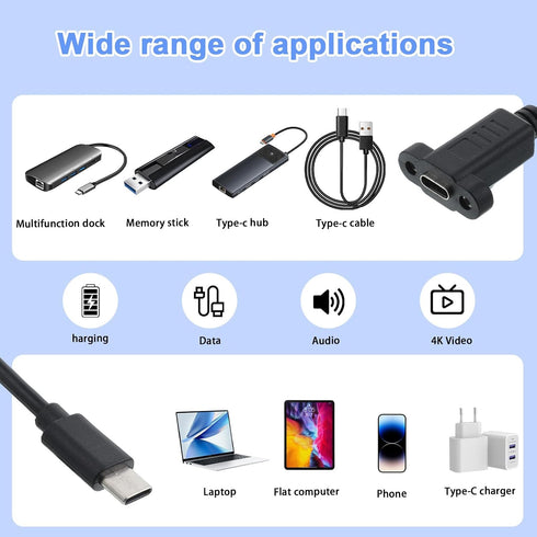 FdcLixuvol 3.1Panel 10gbps (30cm/1ft) USB Type C Male to Female Cable, USB Type C Mount Adapter Cable Panel Mount