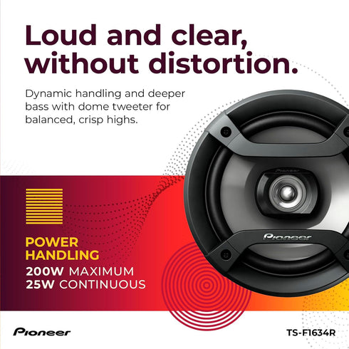 Pioneer TS-F1634R 2-Way Coaxial Car Audio Speakers, Full Range 6.5" Round Speakers 200W Max
